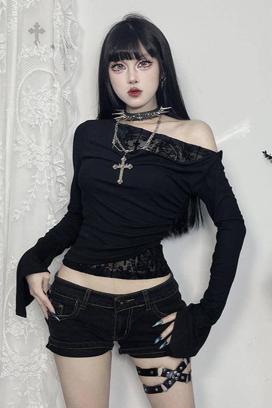 Velvet Patchwork One Shoulder T-Shirt