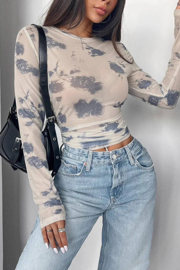 Mesh Floral Ruched Side Blouse