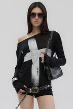 Cross Print Asymmetrical T-Shirt