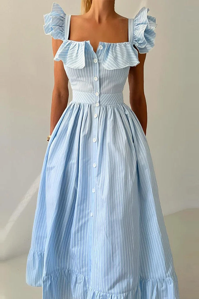 Ruffle Striped Square Collar Floral Dress