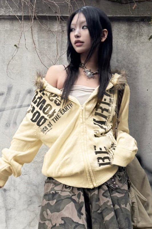 Street Style Fuzzy Patchwork Hoodie