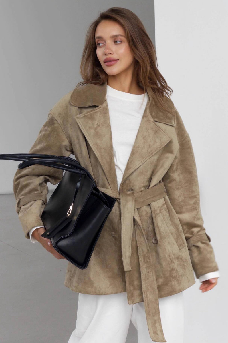 Vintage Suede Lapel Tie Waist Jacket Coat