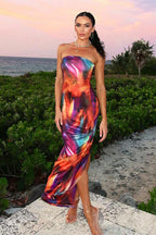 Colorful Ombre Print Strapless Bodycon Maxi Dress