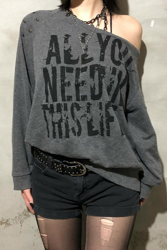 Studded Punk Off-Shoulder T-Shirt