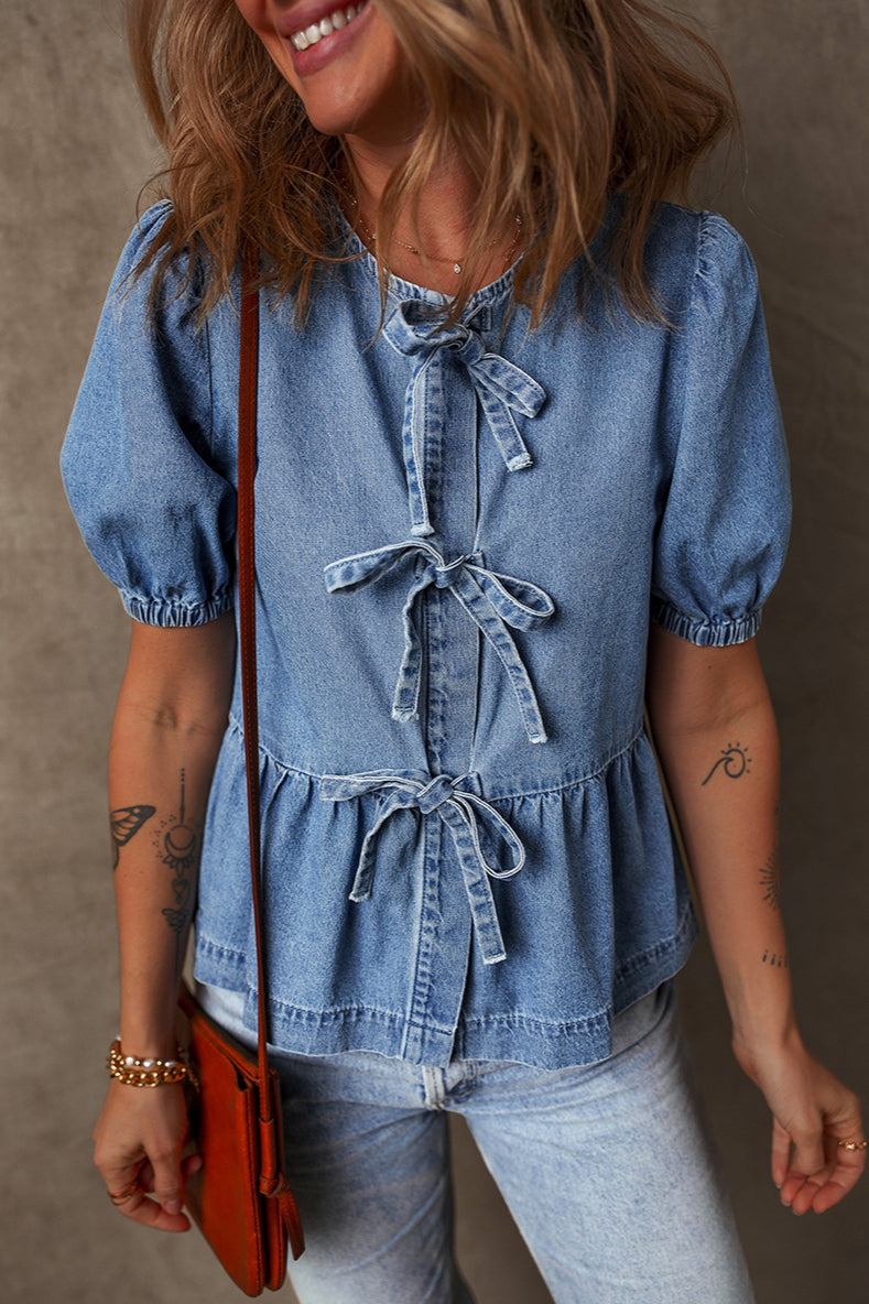 Solid Denim Tie Bow Blouse