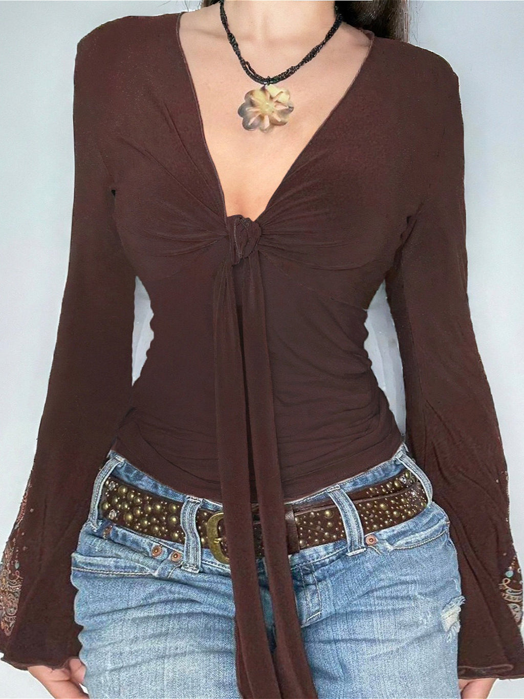 Vintage V Neck Printed Long Sleeve Blouse