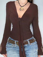 Vintage V Neck Printed Long Sleeve Blouse