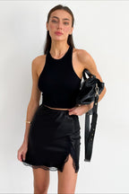 Lace Panel High-Waisted Split Skirt