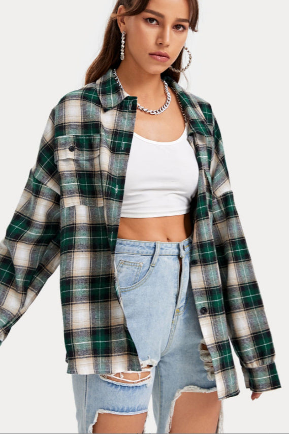 Plaid Stand Collar Button Shirt  Blouse