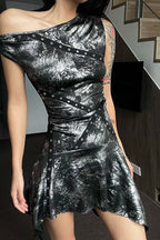 Washed Print One Shoulder Ruffle Mini Dress