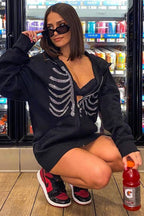 Solid Rhinestone Skeleton Zip Up Hoodie