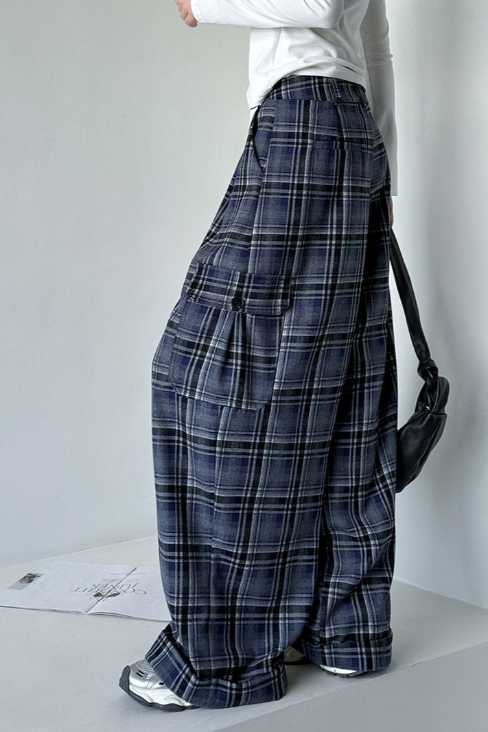 Retro Colorblock Plaid Casual Straight Pants