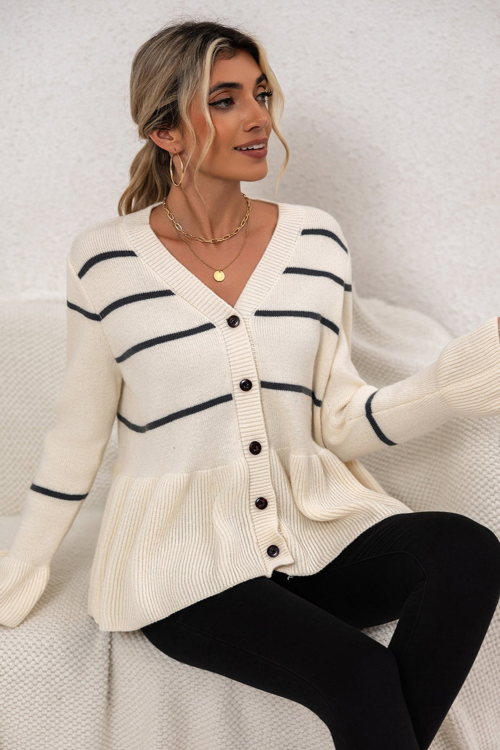 V-Neck Striped Loose Fit Knit Cardigan