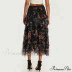 Early Autumn Floral Pattern Frill Mesh Skirt Women A-line Midi