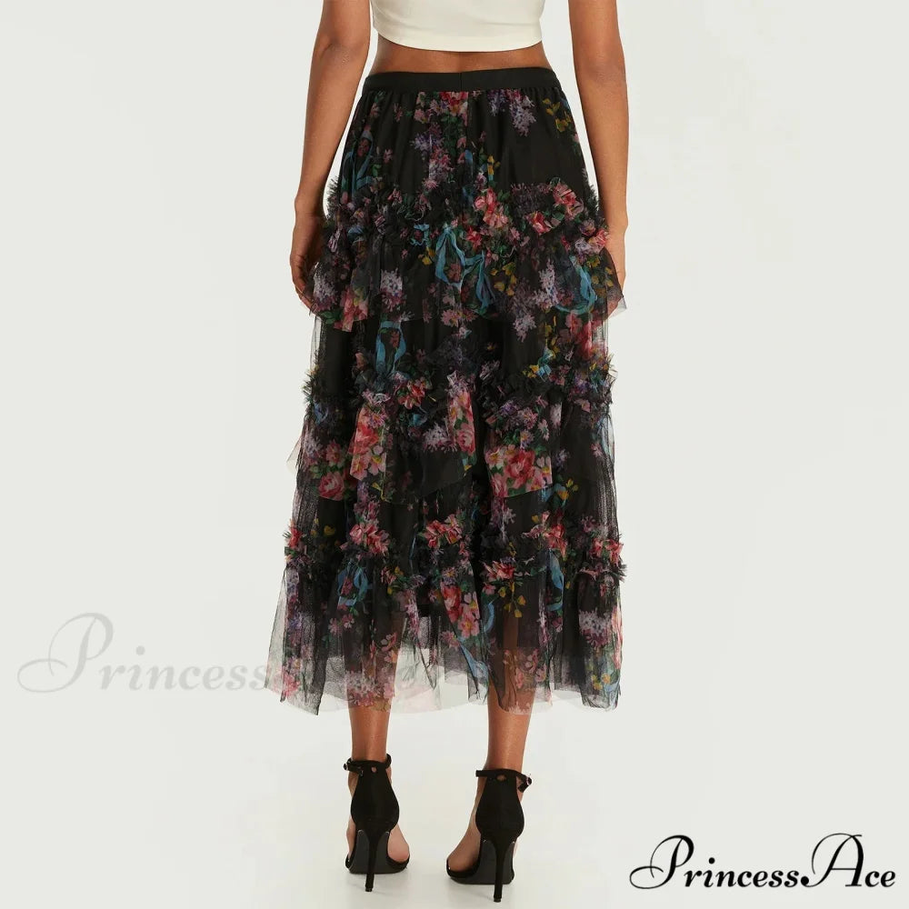 Early Autumn Floral Pattern Frill Mesh Skirt Women A-line Midi