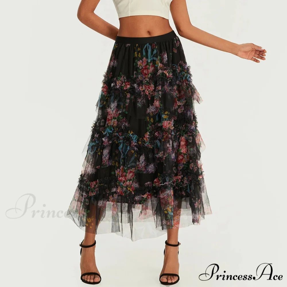 Early Autumn Floral Pattern Frill Mesh Skirt Women A-line Midi