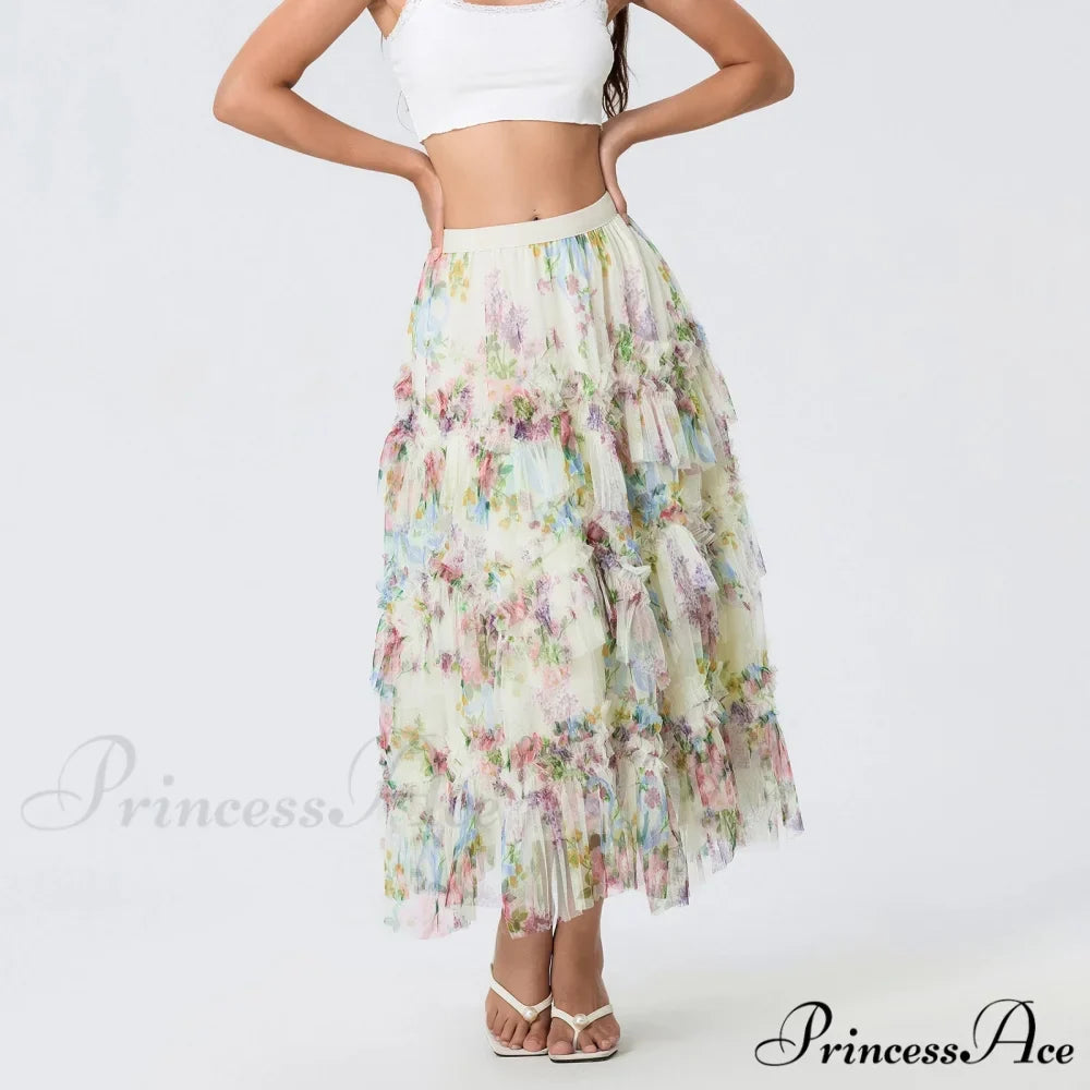 Early Autumn Floral Pattern Frill Mesh Skirt Women A-line Midi