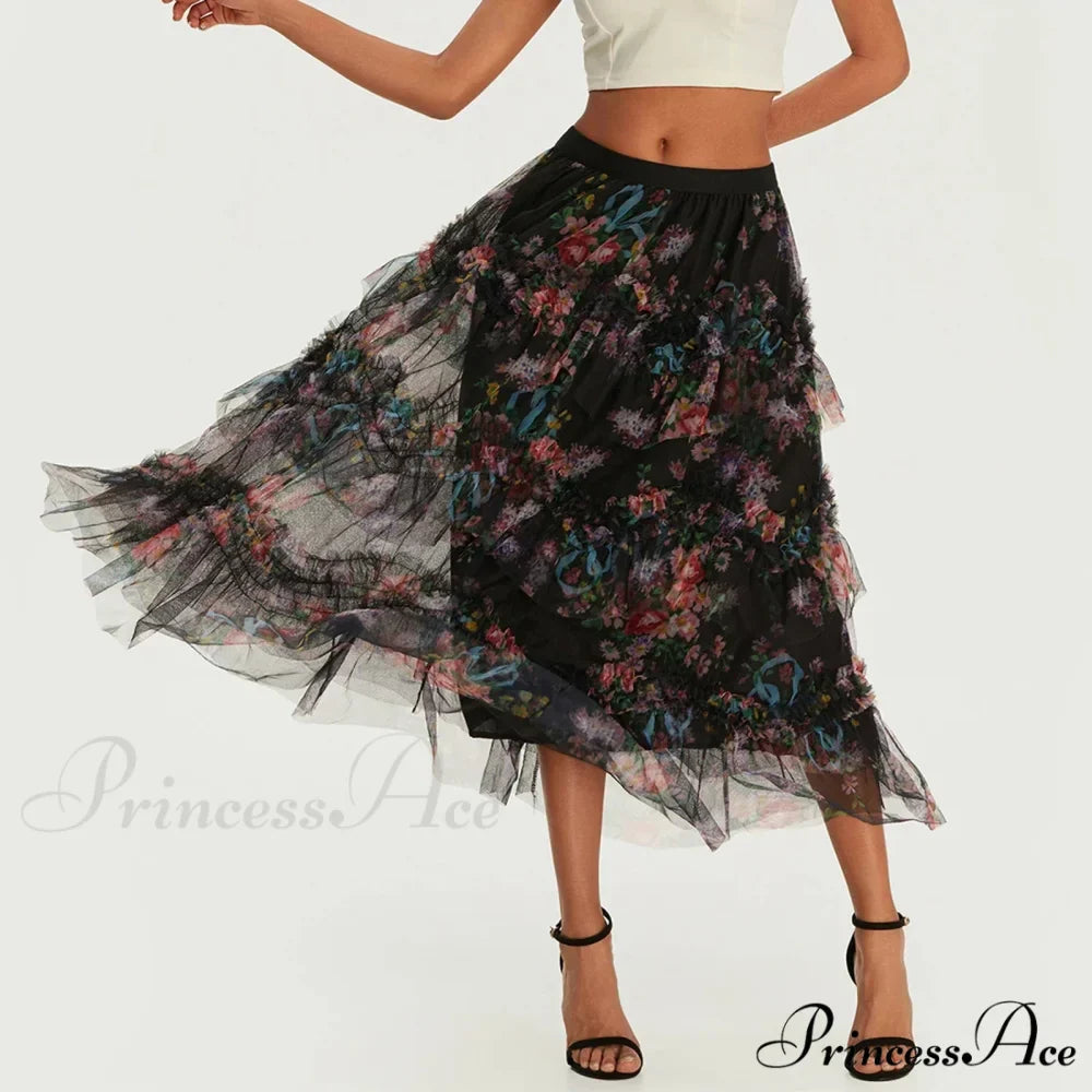 Early Autumn Floral Pattern Frill Mesh Skirt Women A-line Midi