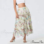 Early Autumn Floral Pattern Frill Mesh Skirt Women A-line Midi