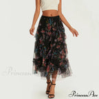 Early Autumn Floral Pattern Frill Mesh Skirt Women A-line Midi