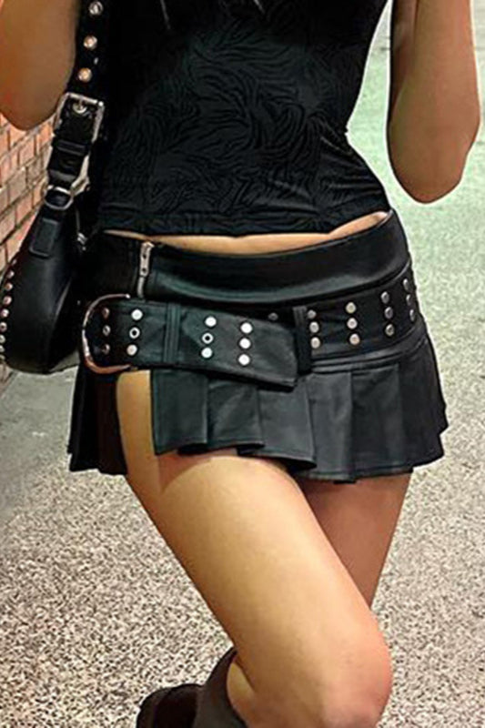 Rivet Belt Slit PU Mini Skirt