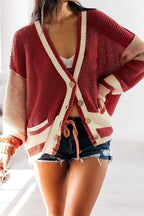 Striped Colorblock Deep V-Neck Knit Cardigan