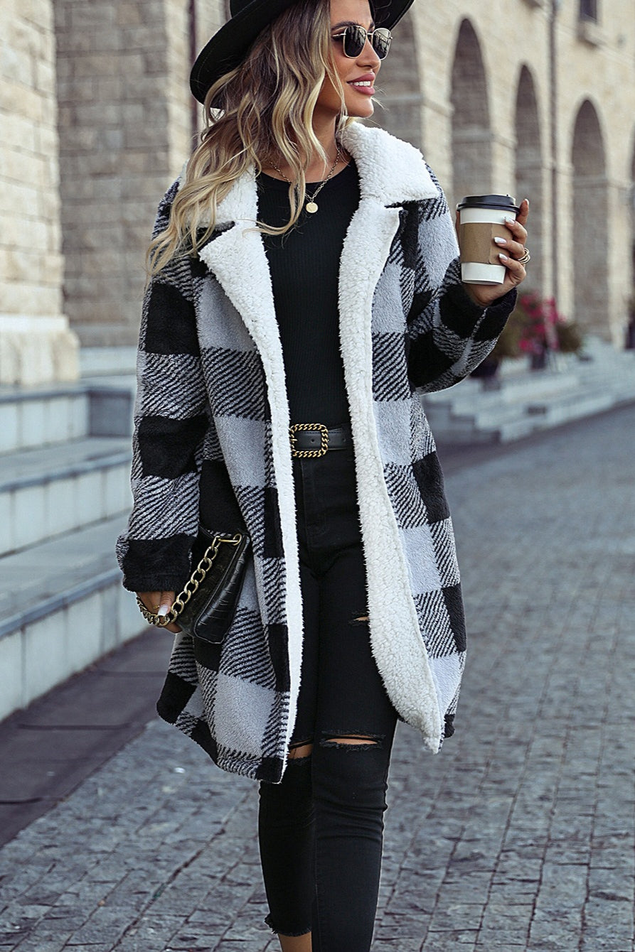 Lapel Plaid Open Front Coat