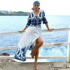 Eclectic Azure Flower Pattern Plunging Neckline Cinched Waist Summer Dress