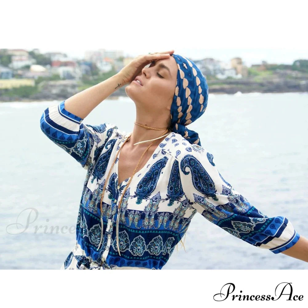 Eclectic Azure Flower Pattern Plunging Neckline Cinched Waist Summer Dress