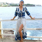 Eclectic Azure Flower Pattern Plunging Neckline Cinched Waist Summer Dress