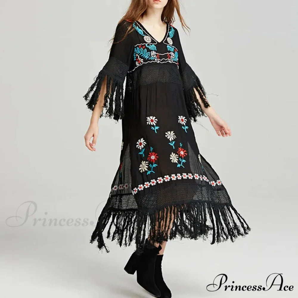 Eclectic Ebony Cotton Flower Stitch Dress
