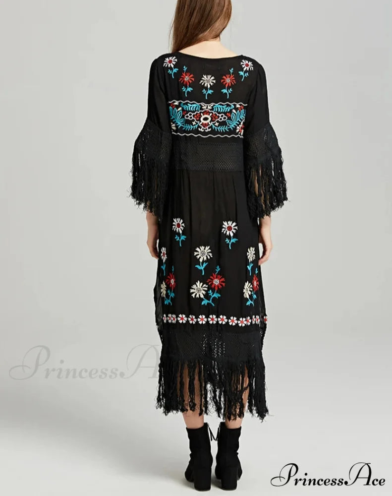 Eclectic Ebony Cotton Flower Stitch Dress