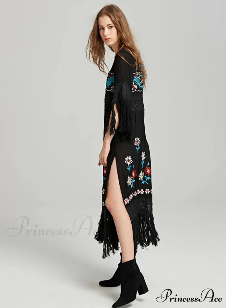 Eclectic Ebony Cotton Flower Stitch Dress