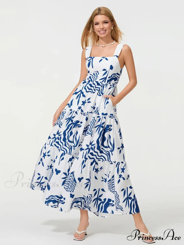 Eclectic Flower Geometric Pattern Flow Tank Square Neck Sleeveless A-Line Dress