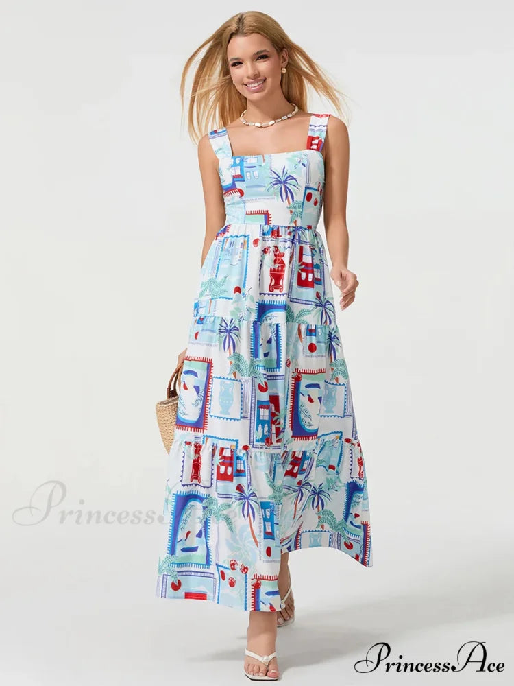 Eclectic Flower Geometric Pattern Flow Tank Square Neck Sleeveless A-Line Dress