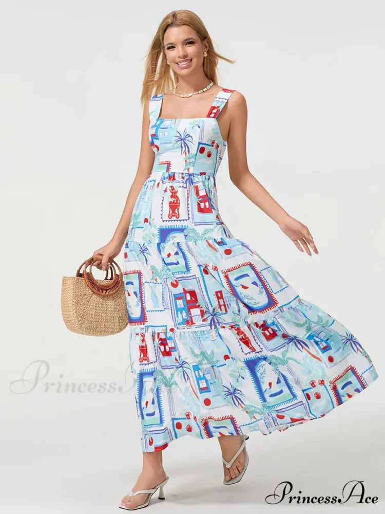 Eclectic Flower Geometric Pattern Flow Tank Square Neck Sleeveless A-Line Dress