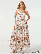 Eclectic Flower Geometric Pattern Flow Tank Square Neck Sleeveless A-Line Dress