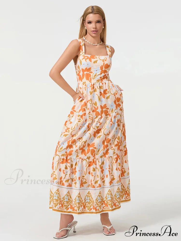 Eclectic Flower Geometric Pattern Flow Tank Square Neck Sleeveless A-Line Dress