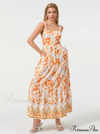 Eclectic Flower Geometric Pattern Flow Tank Square Neck Sleeveless A-Line Dress