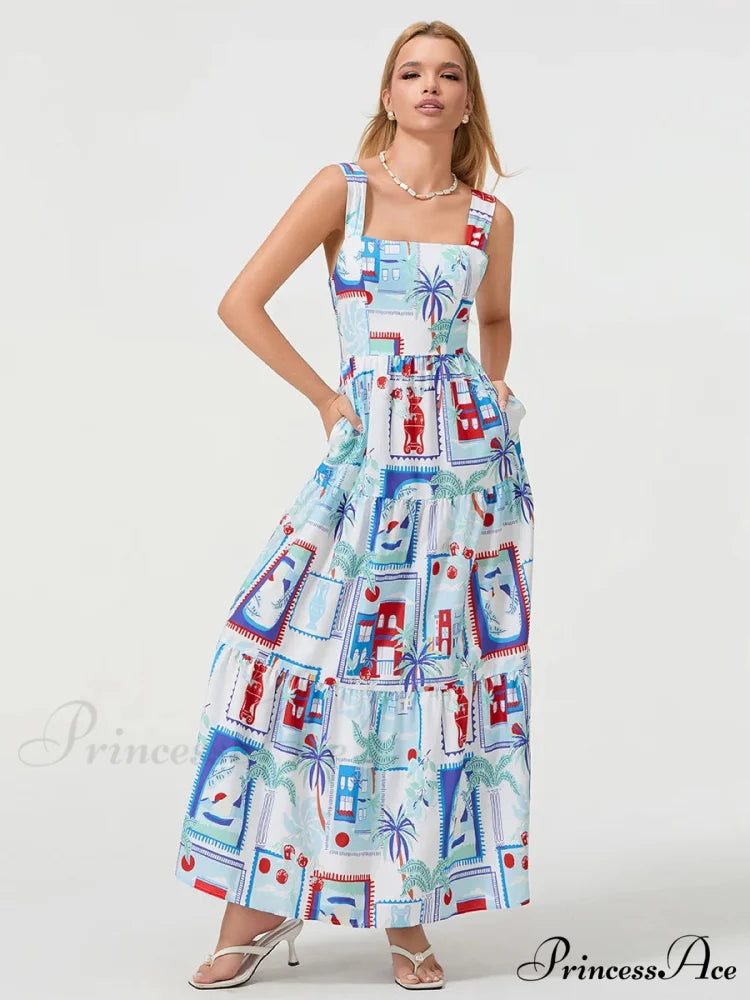 Eclectic Flower Geometric Pattern Flow Tank Square Neck Sleeveless A-Line Dress