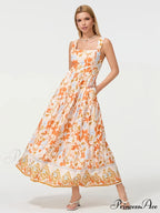 Eclectic Flower Geometric Pattern Flow Tank Square Neck Sleeveless A-Line Dress