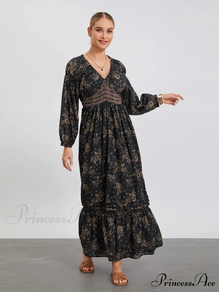 Eclectic Flower Pattern Puff Sleeve Swing Flower Dress