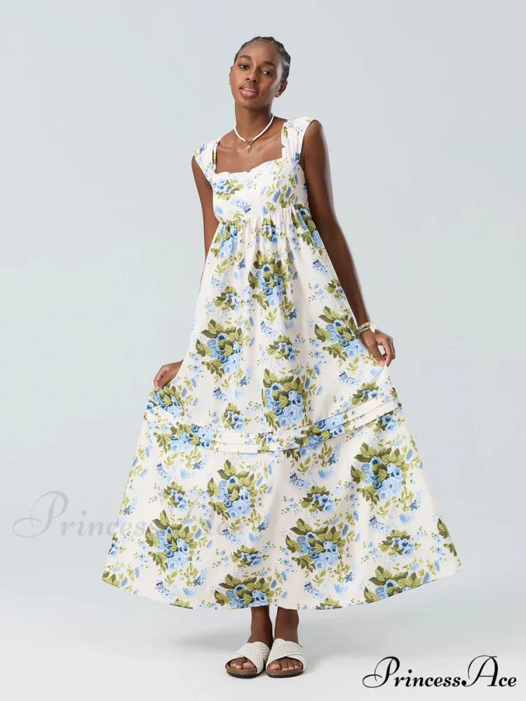 Eclectic Flower Tank Back Tied Square Neck Frilly Flowy Flower Dress