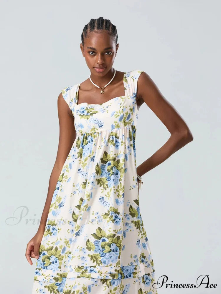 Eclectic Flower Tank Back Tied Square Neck Frilly Flowy Flower Dress
