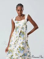 Eclectic Flower Tank Back Tied Square Neck Frilly Flowy Flower Dress