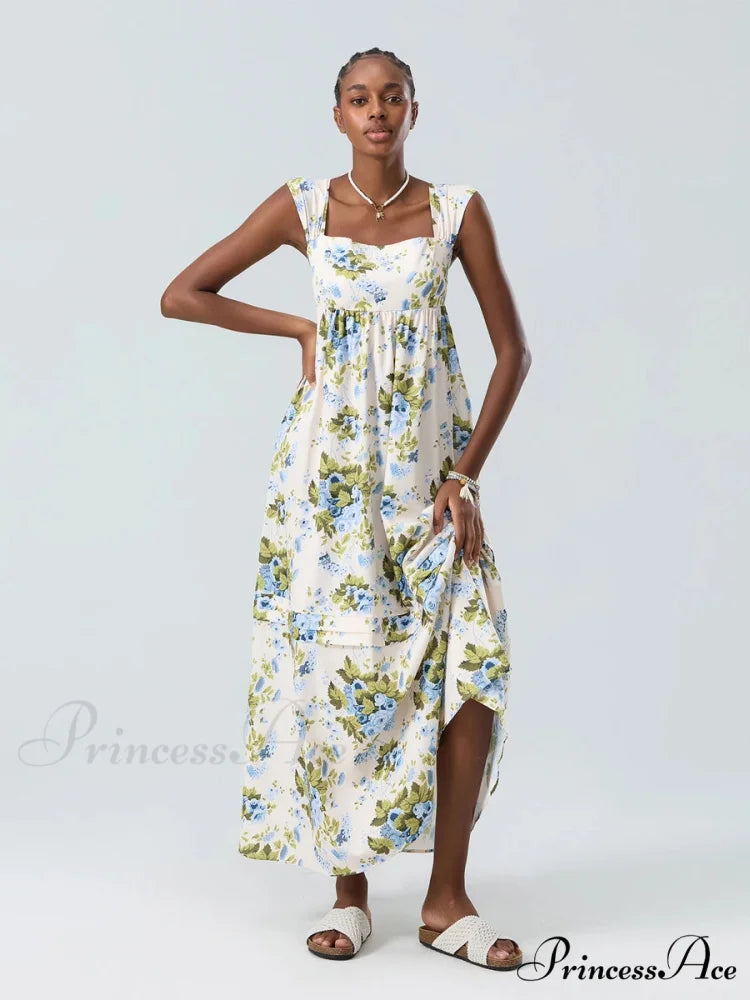 Eclectic Flower Tank Back Tied Square Neck Frilly Flowy Flower Dress