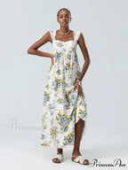 Eclectic Flower Tank Back Tied Square Neck Frilly Flowy Flower Dress