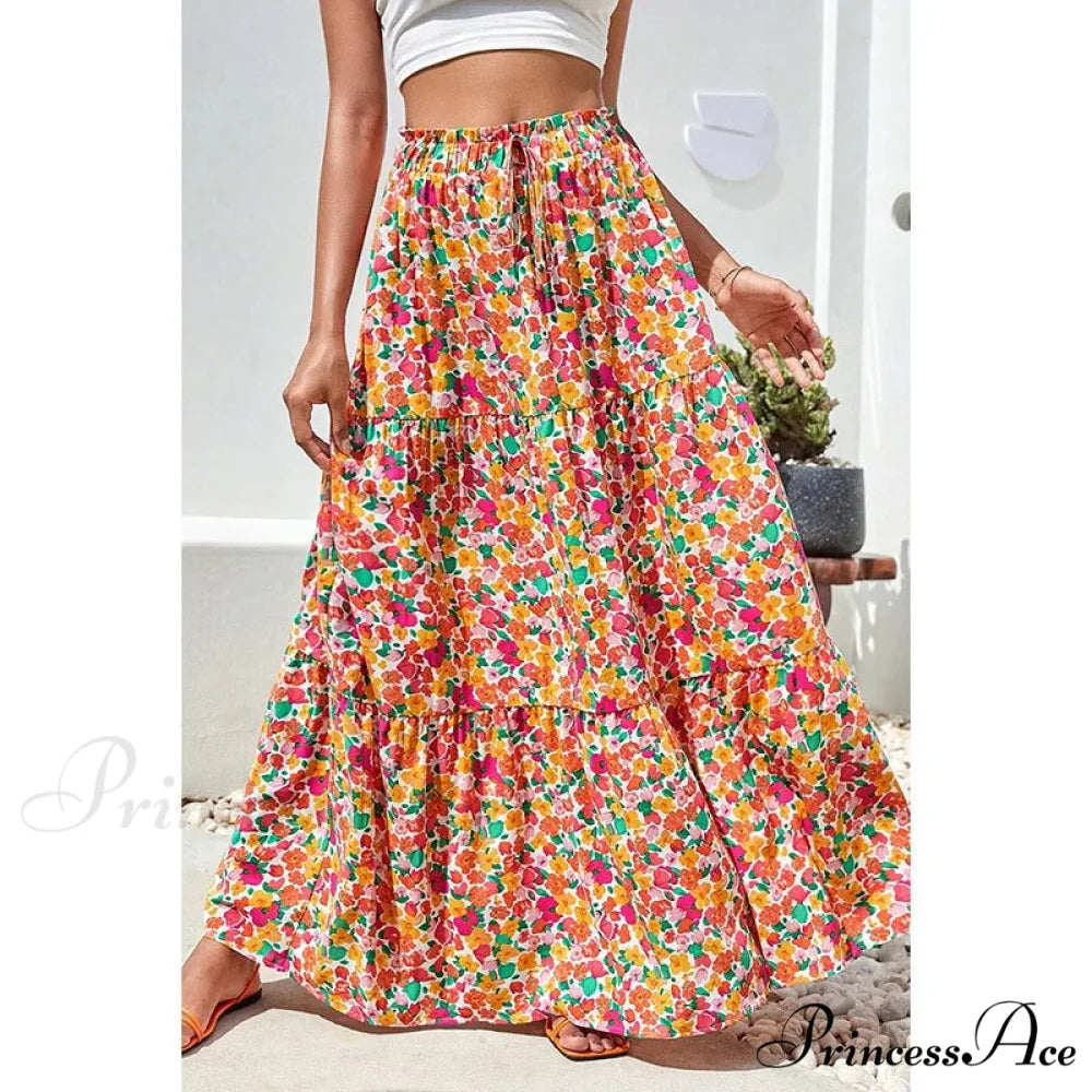 Eclectic Long Skirts Elevated Waist Vibrant Printed Relaxed A-line