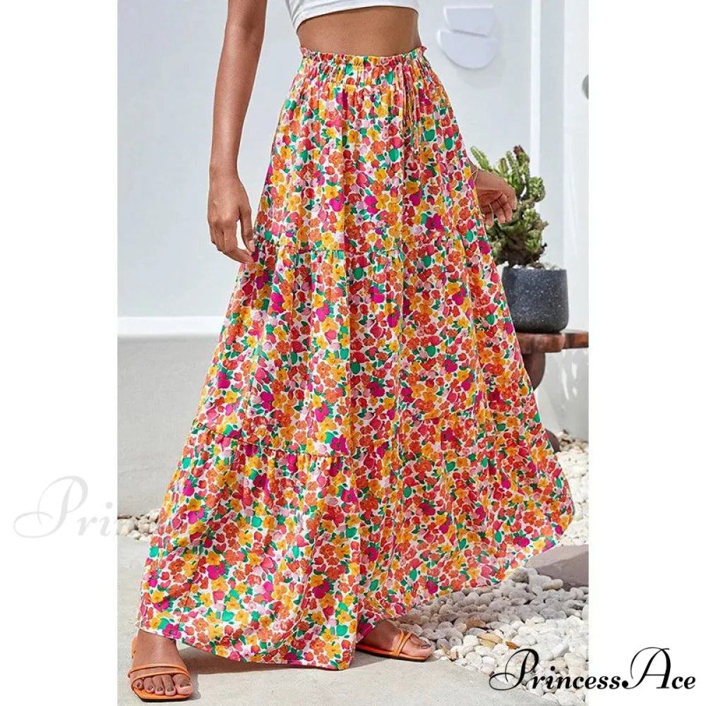 Eclectic Long Skirts Elevated Waist Vibrant Printed Relaxed A-line