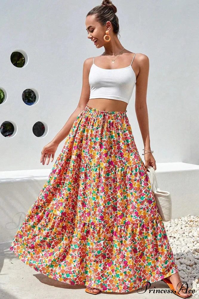 Eclectic Long Skirts Elevated Waist Vibrant Printed Relaxed A-line